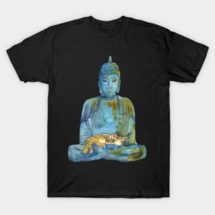 Watercolor Buddha Statue with Sleeping Tabby Cat T-Shirt